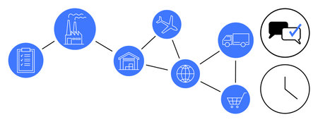 Factory, warehouse, airplane, truck, globe, shopping cart, clipboard, clock and speech bubbles interconnected by lines. Ideal for supply chain logistics transportation management planning globalのイラスト素材