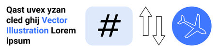 metadata tag symbol, vertical arrows, and airplane icon represent trends, navigation, air travel,...