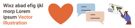 Communication, education, global connection, love, teamwork, visuals. Includes heart, speech bubbles...