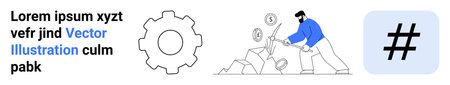 Man smashing rocks to collect coins, large gear icon, and a bold hash symbol. Ideal for teamwork,...
