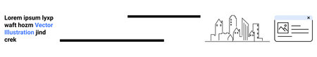 Smart cities, online communication, document design, digital content, urban planning, data visualization. Urban skyline icons and file interface. Smart cities and online communication conceptのイラスト素材