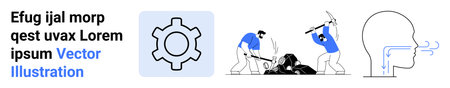 Gear icon, workers breaking rocks with tools, and side profile diagram with airways in blue accents....