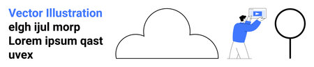 Cloud element, magnifying glass, and man using a laptop. Ideal for technology, data, analysis,...