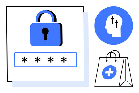 Cybersecurity concept. Cybersecurity highlighted with lock icon, password protection symbols, and...