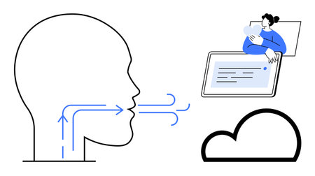 Voice technology. Illustration a human profile with voice signals, a cloud, and digital interface...