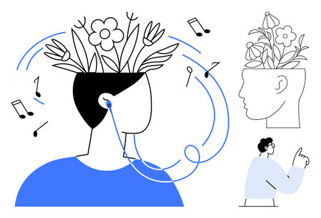 Person wearing headphones with blossoming flowers sprouting from their head, music notes swirling around. Ideal for creativity, mindfulness, relaxation, inspiration, imagination, personal growthのイラスト素材