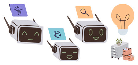 AI robots with cheerful expressions interacting with idea, research, and global elements near desk,...