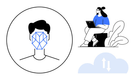 Face recognition technology. Face recognition process with grid overlay, identity scanning for security. Face recognition for tech, innovation, cloud storage, data safety, remote workのイラスト素材