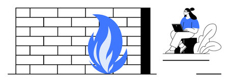 Firewall concept. Digital protection highlighted by a firewall with flame icon and individual using...