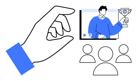 Hand interacting with a screen displaying a man holding a trophy in an online session, with audience icons below. Ideal for teamwork, achievement, leadership, remote learning, networking, onlineのイラスト素材