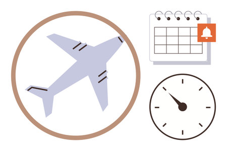 Airplane within a circle, calendar with reminder icon, and clock representing travel, scheduling, punctuality, organization, transportation, time-sensitive tasks and effective planning. Simple flatのイラスト素材
