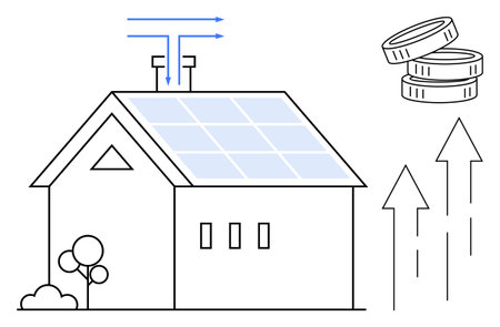 Renewable energy, sustainability, cost efficiency, home power, eco-friendly living, green technology. House with solar panels, arrows and coins. Renewable energy and sustainability conceptsのイラスト素材