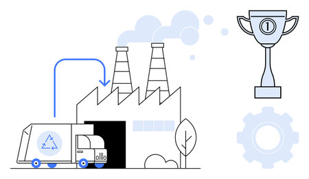Recycling concept. Recycling truck and factory promoting waste management, sustainability, and eco-friendly industrial practices. Recycling supports innovation, production, and environmentalのイラスト素材