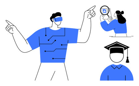 Technology concepts. Technology in education highlights advancements thumbs up virtual reality, digital learning, and AI. Technology revolutionizing education, skill development, and innovationのイラスト素材