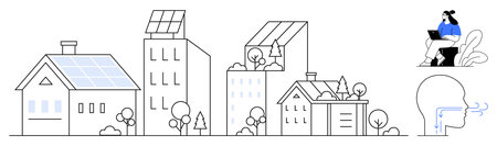 Sustainable living with solar panel-equipped buildings renewable energy and eco-conscious design. A...