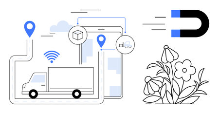 Logistics, supply chain technology, environmental care, connectivity, tracking, sustainability. Delivery truck with route map, tablet symbols magnet flowers. Logistics and supply chainのイラスト素材