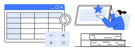 Financial planning, data analysis, digital education, online learning, knowledge growth, budgeting. Spreadsheet, calculator person interacting with screen and books. Financial planning and dataのイラスト素材