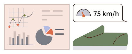 Graphs, pie chart, and bar chart showcase analytics near a shoe and speedometer indicating 75 kmh. Ideal for fitness, performance tracking, data analysis, sports, health progress, technology simpleのイラスト素材