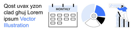 Data analysis, business planning, time management, teamwork, project tracking, financial growth. Monthly calendar, pie chart and person reviewing growth graph. Business planning and data analysisのイラスト素材