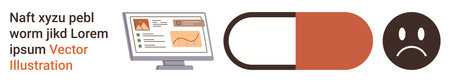 Healthcare, medication, research, online information, digital health, wellness. A computer screen with data, capsule pill and sad face icon. Healthcare and medicationのイラスト素材