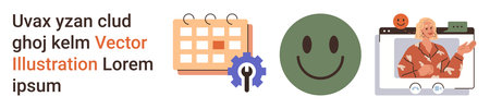 Time management, technical support, emotional well-being, video conferencing, online tutorials, communication tools. A calendar, gear symbol happy face and a person on video chat. Time managementのイラスト素材