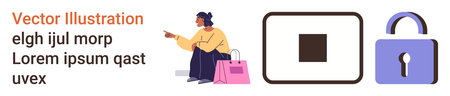 E-commerce, online security, purchase protection, digital payment safety, consumer privacy, retail. Woman shopping, square icon padlock. E-commerce and online security conceptのイラスト素材