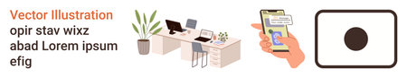 Office productivity, digital communication, minimalism, technology interface, smart devices, online...