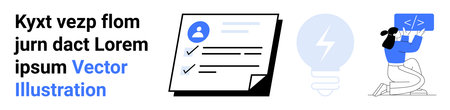 Technology, productivity, innovation, coding, user interaction, web development. Document with user icon and checklist, light bulb person coding. Technology and productivity conceptのイラスト素材