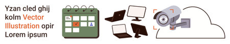Task management, cybersecurity, cloud storage, workplace organization, digital scheduling, data monitoring. Calendar with events, devices and a camera in the cloud. Task management and cybersecurityのイラスト素材
