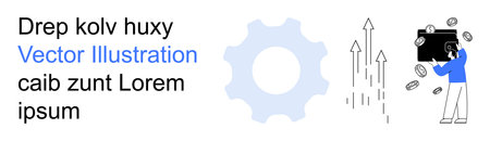 Business development, economics, financial planning, investment growth, entrepreneurship, productivity. A gear, upward arrows person with a briefcase and coins. Business development and economicsのイラスト素材