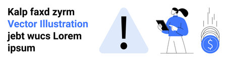 Business planning, finance, alerts, notifications, data analysis, productivity. Professional analyzing data on a tablet with icons coins and alert signs. Business planning and financial alerts focusのイラスト素材