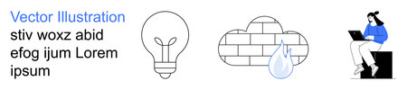 Technology, innovation, brainstorming, cloud storage, remote work, digital communication. A lightbulb, brick cloud with a droplet and a laptop user. Technology and innovation conceptのイラスト素材