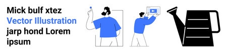 Person holding pen in thoughtful pose, another engaging with a multimedia display, and a watering...
