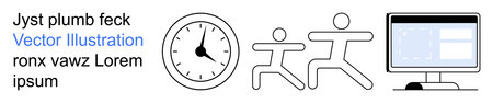 Time management, teamwork, digital tools, productivity, workflow, technology concepts. Image includes a clock, two figures running and a desktop monitor. Time management and teamworkのイラスト素材