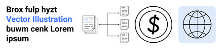 Technology, data organization, financial systems, global trade, online transactions, networking. Minimalist icons documents, dollar symbol and a globe. Data organization and financial systemsのイラスト素材