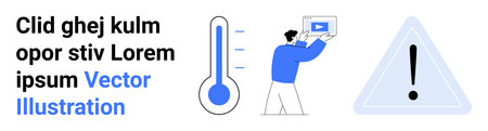 Thermometer indicating temperature change, triangle warning with exclamation mark, person holding a...