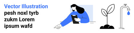 Environmental awareness, education, sustainability, water conservation, eco-friendly practices, growth. Woman holding clipboard points at text, plant water tap. Education and sustainabilityのイラスト素材