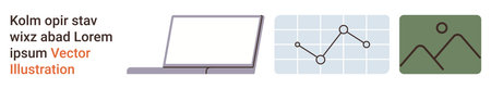 Technology, data analysis, business presentations, web design, education, communication. Laptop beside a graph and landscape icon. Technology and data analysis conceptのイラスト素材