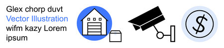 Business security, inventory management, financial transactions, e-commerce, surveillance systems, logistics. Warehouse, CCTV camera and dollar sign symbols. Business security and inventoryのイラスト素材