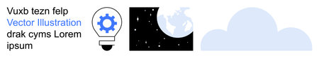 Innovation, space exploration, data storage, creativity, technology, global connection. Gear icon in light bulb, night sky with Earth cloud shape. Innovation and technology conceptのイラスト素材