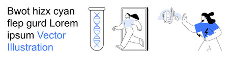 Science, genetics, technology, innovation, human behavior, futuristic design. Test tube with DNA strands, person walking tech interface. Science and genetics theme with a futuristic conceptのイラスト素材