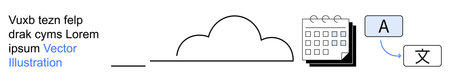 Cloud computing, language translation, scheduling tools, digital organization, global communication, productivity apps. Cloud graphic, calendar icon translation symbols. Cloud computing and languageのイラスト素材