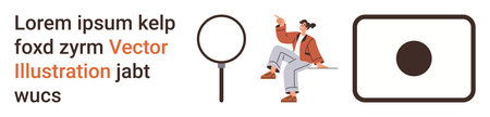 Data analysis, decision-making, search tools, problem-solving, creative design, focus. Person pointing, magnifying glass and square frame with dot. Data analysis and search tools conceptのイラスト素材