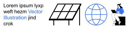 Renewable energy, global connectivity, environmental sustainability, modern technology, freelance work, graphic design. Solar panel, a globe and a woman using a laptop. Renewable energy and globalのイラスト素材