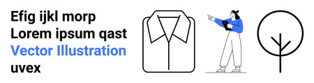 Shirt icon in a simple outline, woman holding a tablet while pointing, and abstract tree symbol....