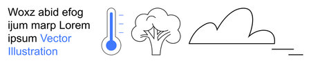 Climate change, temperature monitoring, weather forecasting, environmental health, nature conservation, sustainability. Minimalist thermometer, tree and cloud line art. Climate changeのイラスト素材