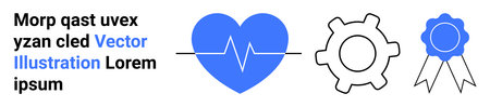 Healthcare, workflow, achievement, progress, innovation, awards. A heart with heartbeat line, gear...