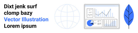 Analytics dashboard shows graphs, charts, diagrams alongside a globe and stylized leaf. Ideal for business, data analysis, sustainability, environment, tech, network and simple landing pageのイラスト素材