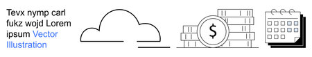 Financial management, cloud services, budget planning, data organization, time scheduling, savings. Coin stack, calendar and cloud symbol. Financial management and cloud servicesのイラスト素材