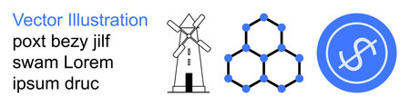 Sustainability, science innovation, renewable energy, financial growth, technology, eco-friendly concepts. Windmill, molecular hexagonal structure dollar in circle. Renewable energy and scienceのイラスト素材